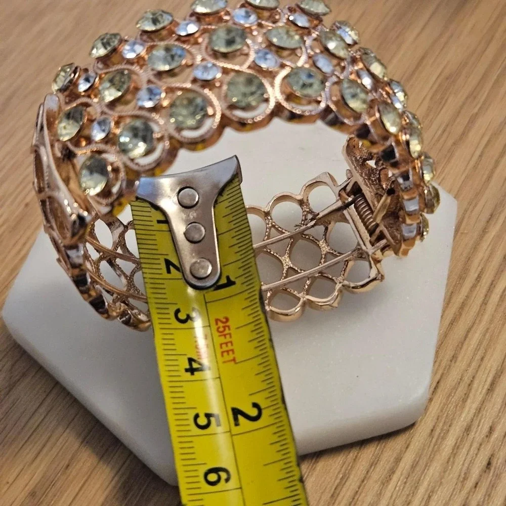 Gold Tone Filigree Yellow White Rhinestone Hinged Cuff Bracelet Crystal Glam